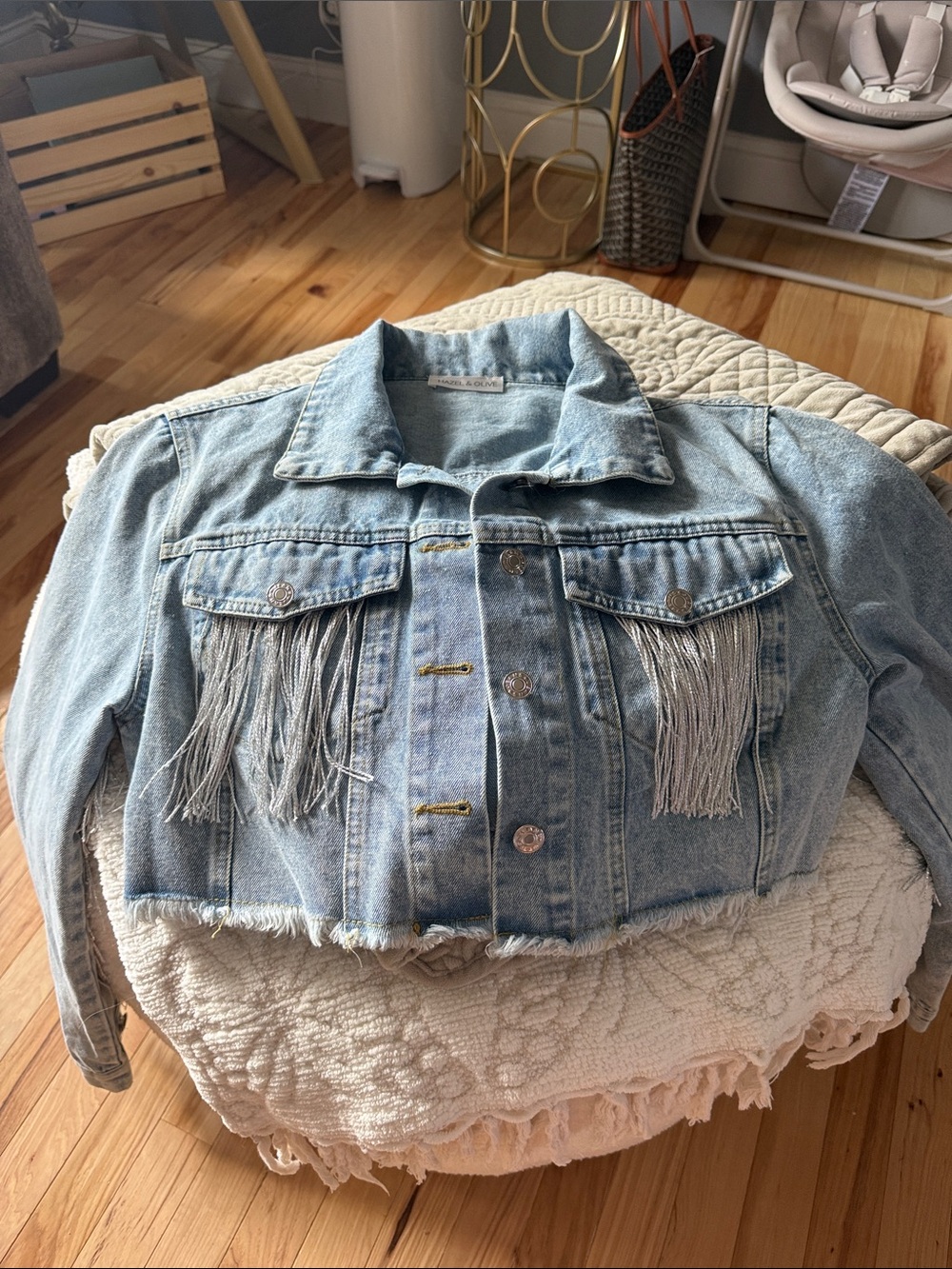 Fringe Cropped Light Wash Denim Jacket - Women
